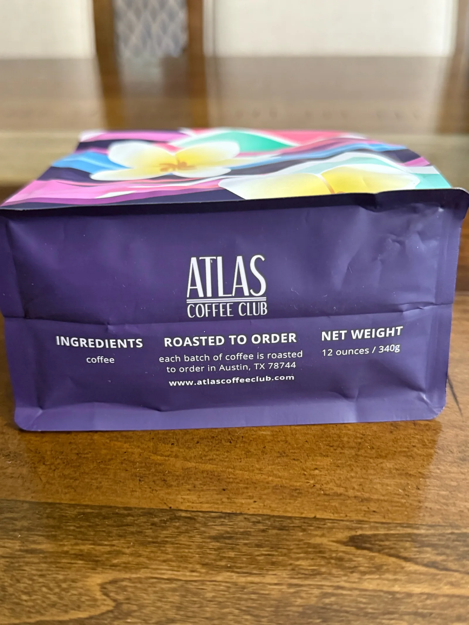 Bottom label of an Atlas bag: ingredients coffee, roasted to order in Austin, TX 78744, net weight 12 ounces / 340 g