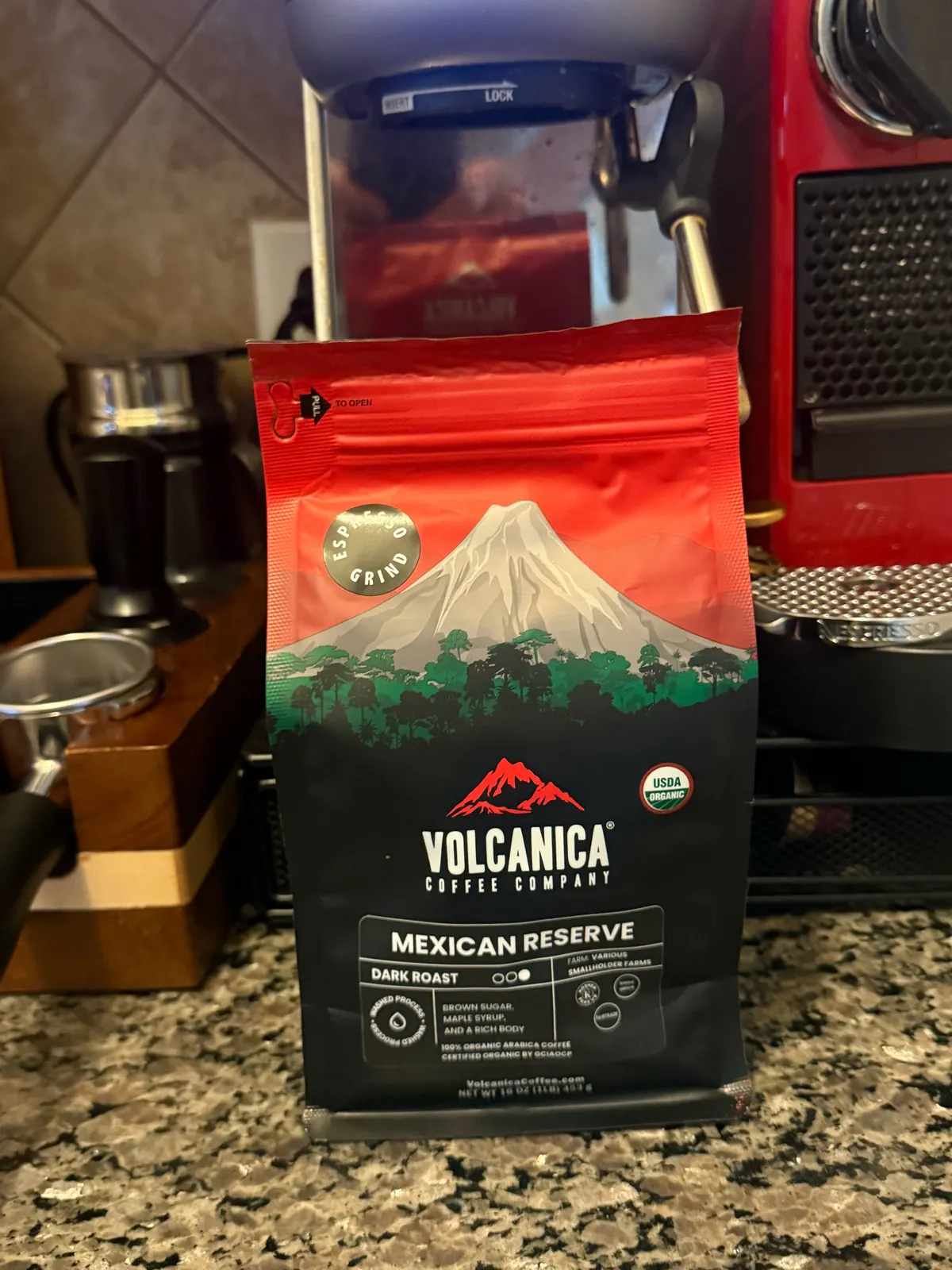Close-up of the Volcanica Mexican Reserve bag on the kitchen counter